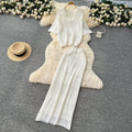 Summer women's gentle style versatile chic hollow-out crochet knit top & high-waisted bodycon midi skirt korean two-piece set