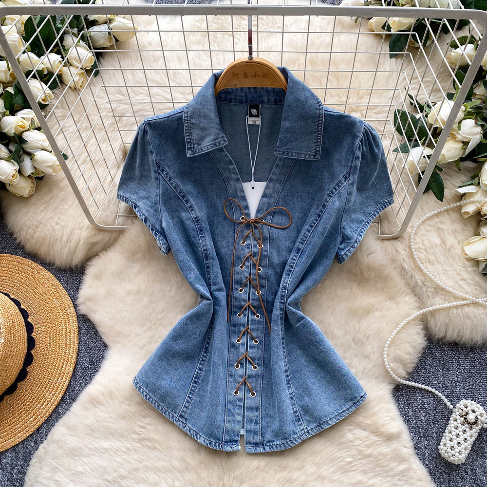 Commuting style v neckcomfortable breathable strappy denim shirt women's summer waist slimming looksense of design short-sleeved tops
