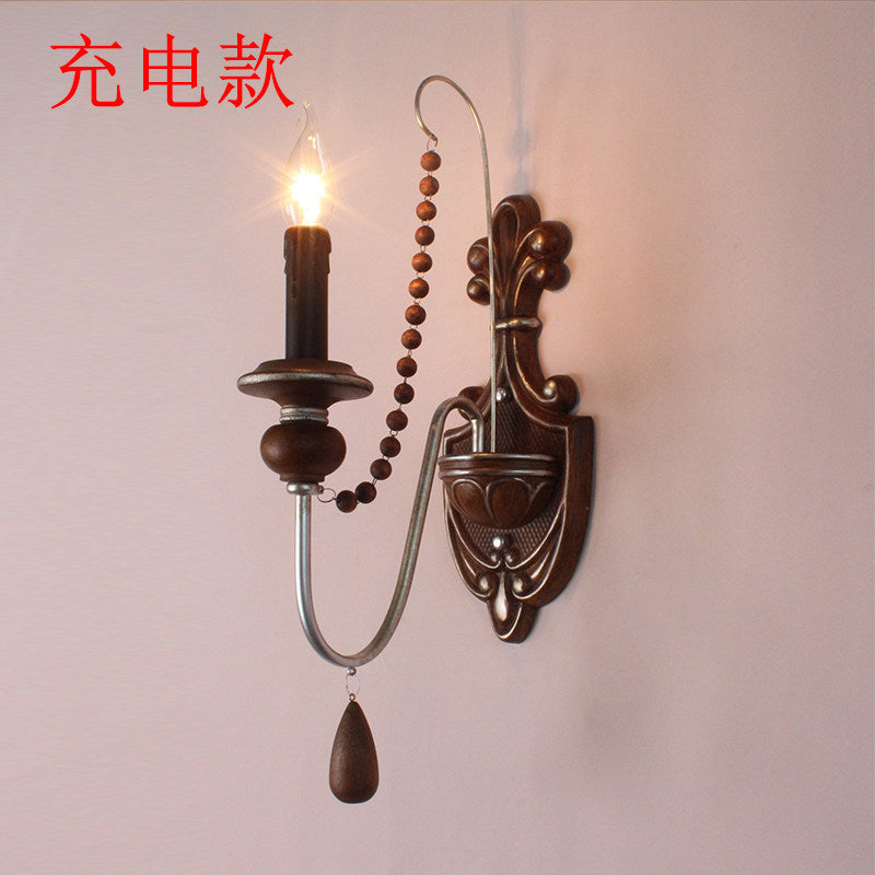 American retro wall lamp - cordless charging, solid wood, french style for living room, bedroom, bedside, hallway, stairway, candle wall sconce
