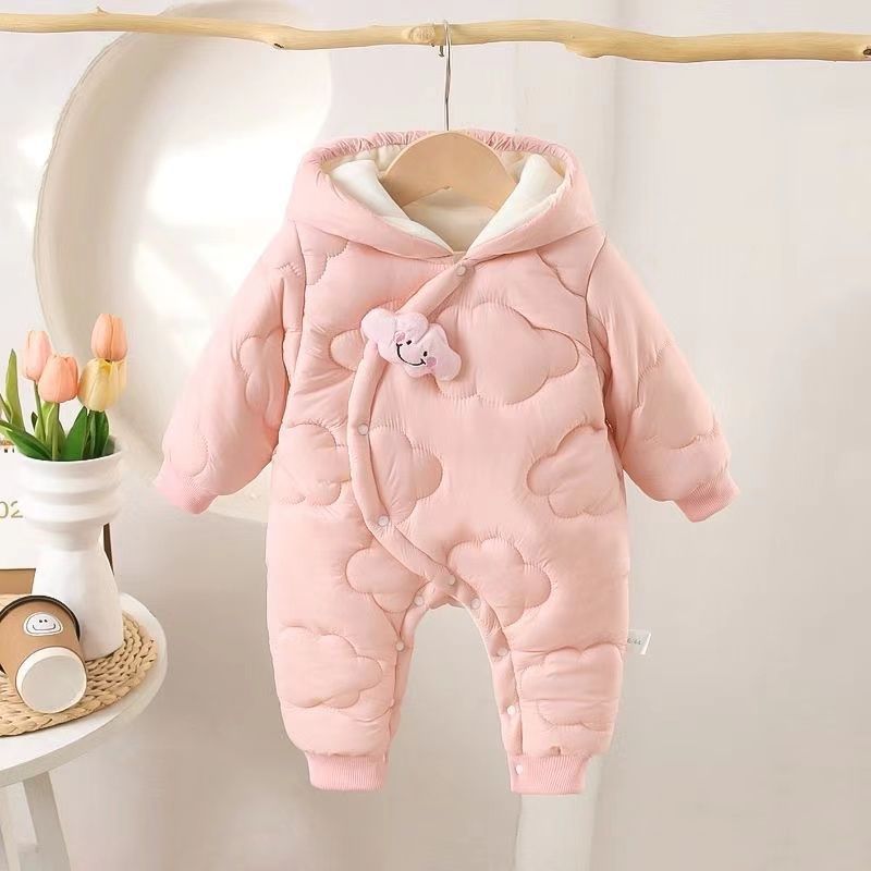 Newborn baby girl jumpsuit autumn winterfleece-linedthickened full month outing cotton clothes thickened khaki autumn winter cotton clothes