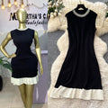 Summer chic: beaded, sleeveless, slim-fit knit dress - french style color block sweater dress for women