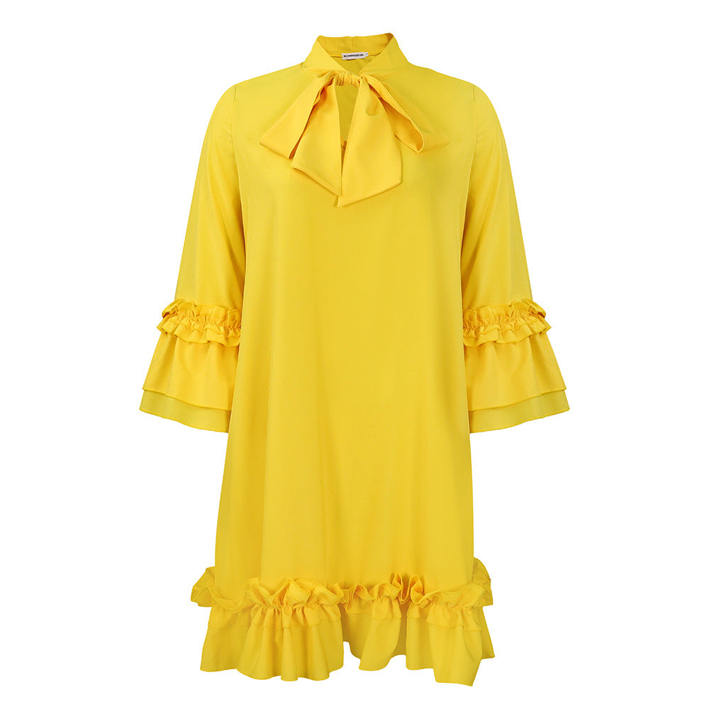 European and american plus size women's clothing  spring new arrivals: solid color, elegant, ruched sleeve, tie-waist, ruffle hem dress - export quality