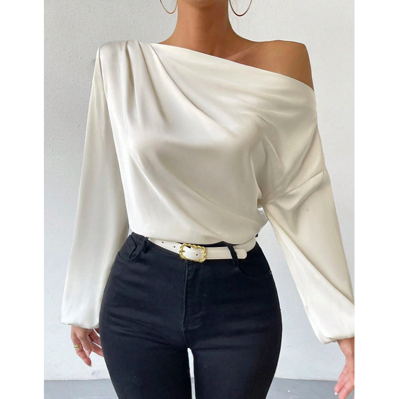 Asymmetrical long sleeve blouse - women's off-the-shoulder pullover top -  cross-border fashion - solid color satin long sleeve shirt