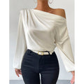 Asymmetrical long sleeve blouse - women's off-the-shoulder pullover top -  cross-border fashion - solid color satin long sleeve shirt