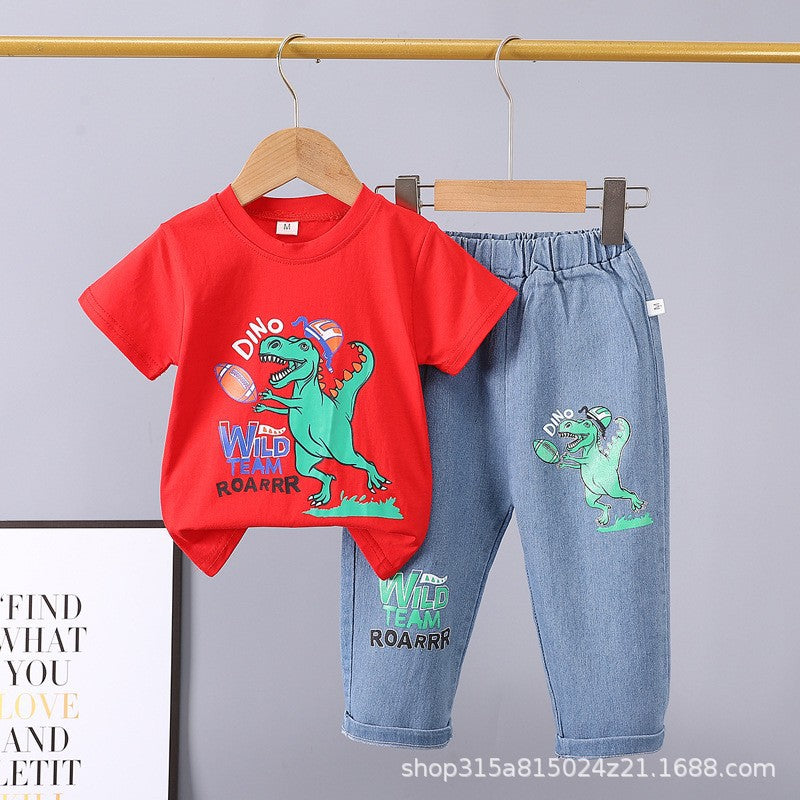 Summer new arrivals: toddler & kids' denim pants & cartoon print short sleeve two-piece set - multiple styles available