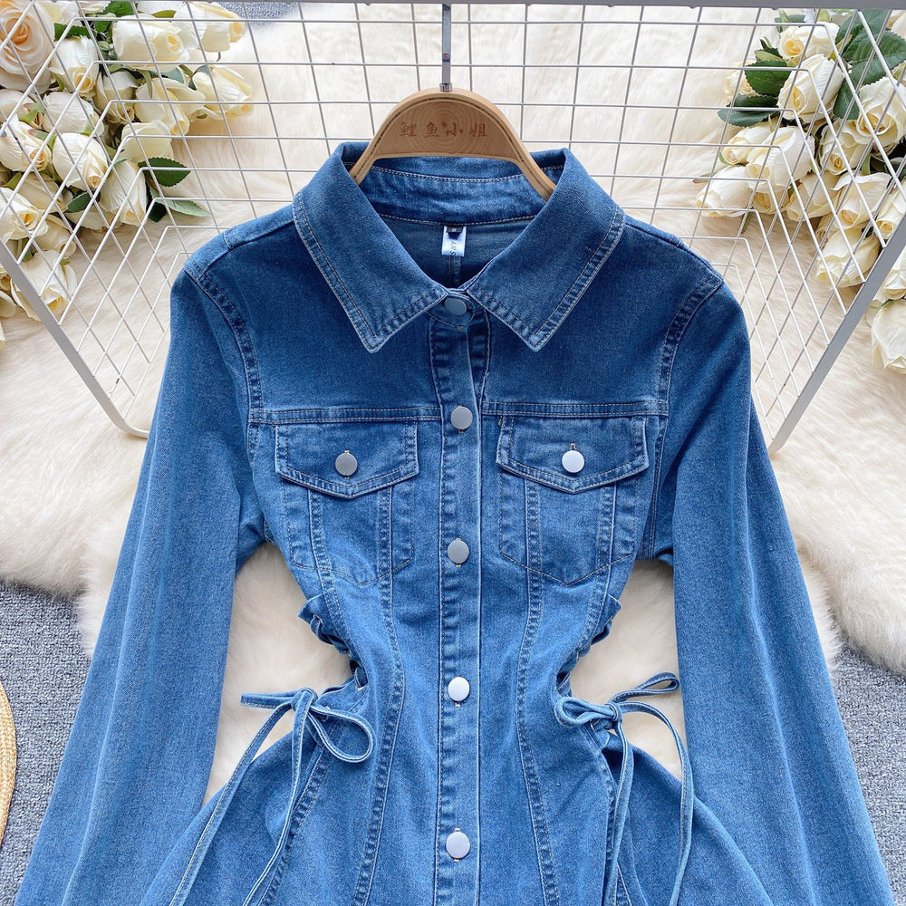 fashionfashion style retro denim skirt waist strap waist elegant buttoned silmshortdress
