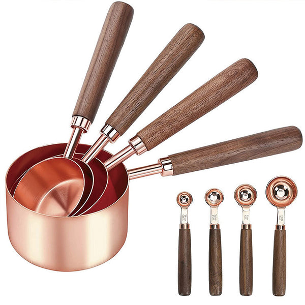 Cross-border manufacturers spot spot supply gold-plated rose gold acacia wood stainless steel measuring cup measuring spoon with scale set