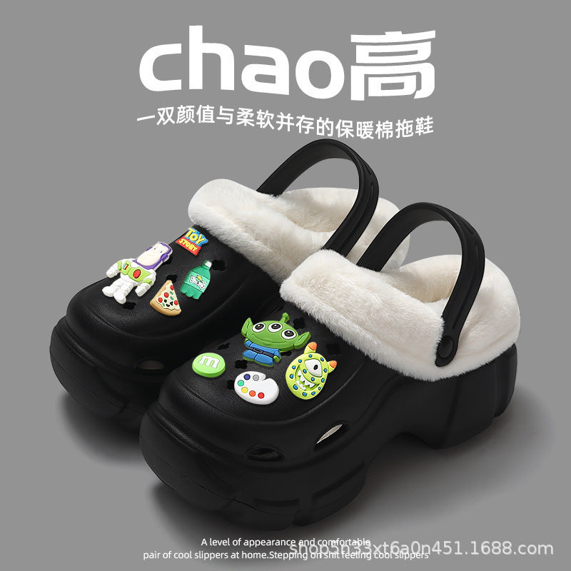 2024 cartoon cotton slippers for girls, new autumn/winter thick-soled, height-increasing, non-slip, two-wear style, fleece-lined warm fuzzy clogs