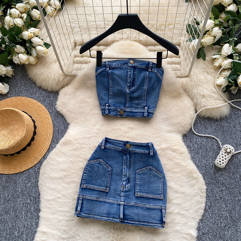 Retro denim casualtwo-piece set women's summer silmtube top vest hip cover skirt slimming lookhot girlsuit