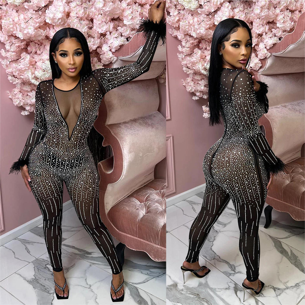 C6200   fashion women's mesh rhinestone v-neck long sleeve feather long jumpsuit