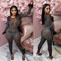 C6200   fashion women's mesh rhinestone v-neck long sleeve feather long jumpsuit
