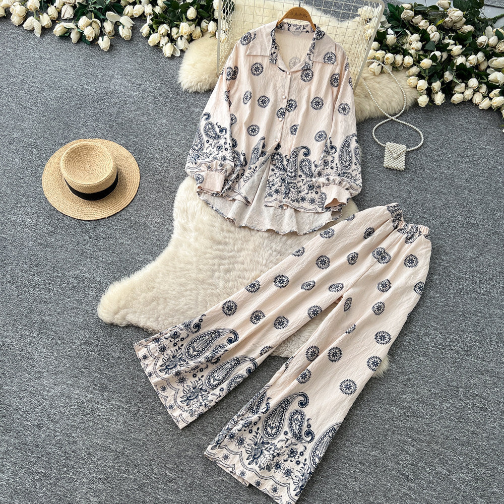 Retro ethnic style printingeleganttwo-piece set female autum puff sleeve polo collar silmloose pants royal sister suit