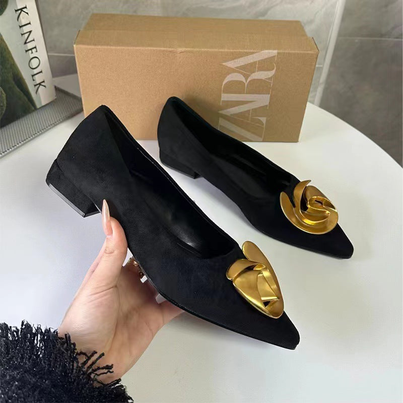 Za new 2024 spring/summer pointed-toe flat sandals for women - fashionable metal flower buckle detail, low-cut outdoor shoes