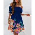 european and american independent station  new arrival short sleeve one-line collar waist pleated printingdress