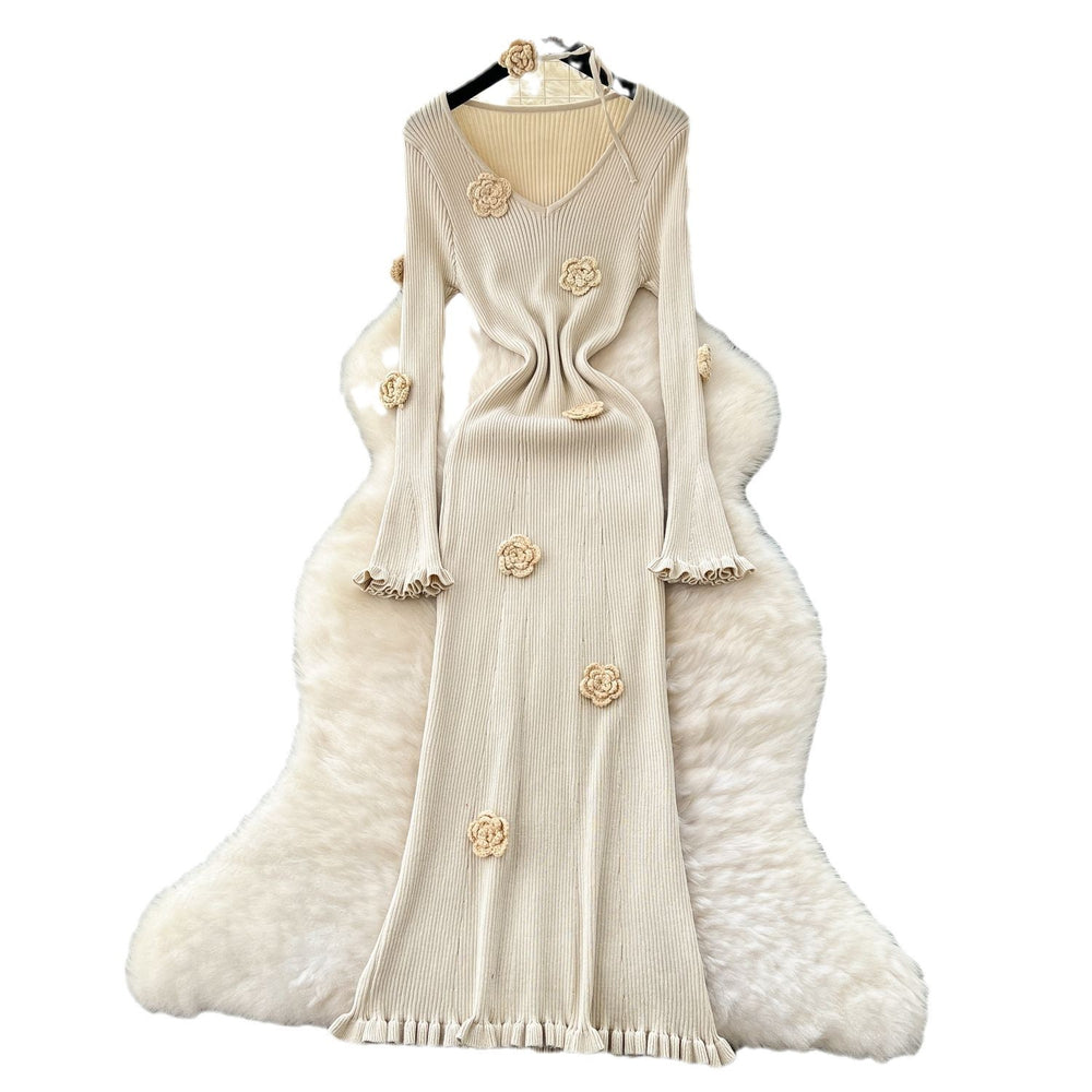 Atmosphere elegantstereo flower v necklong sleevesdress women's silmslimming look inner wear sweater skirtfall and winternew arrival