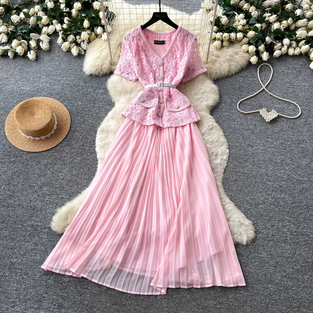 Xiaoxiangfenglaceheavy industrypatchworkpleated dress colorsummerv neck waist pleated long skirteleganceslimming look