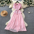 Xiaoxiangfenglaceheavy industrypatchworkpleated dress colorsummerv neck waist pleated long skirteleganceslimming look