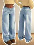 European and american style women's light blue high-waisted straight-leg jeans - vintage washed, basic, casual, long, and floor-sweeping denim pants