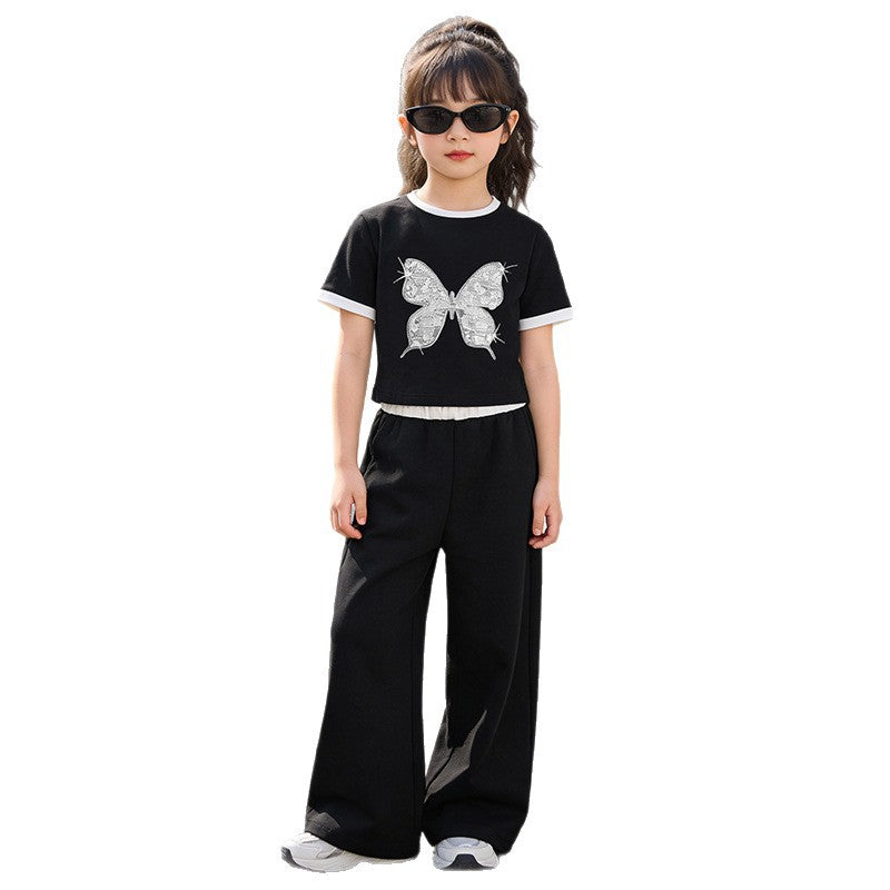 Girls'  short-sleeve lightweight outfit set: wide-leg pants, thin summer style, new butterfly two-piece set for girls