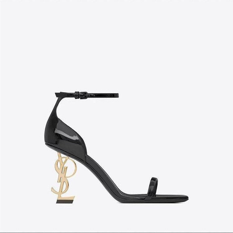 European and american solid color ankle strap heeled sandals women's square toe buckle party letter heel high heels