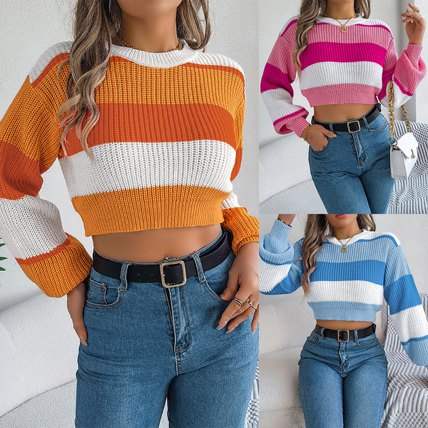 Real shot 2025 autumn and winter casual color matching lantern sleeve pullover navel sweater, independent station  European and American women's clothing