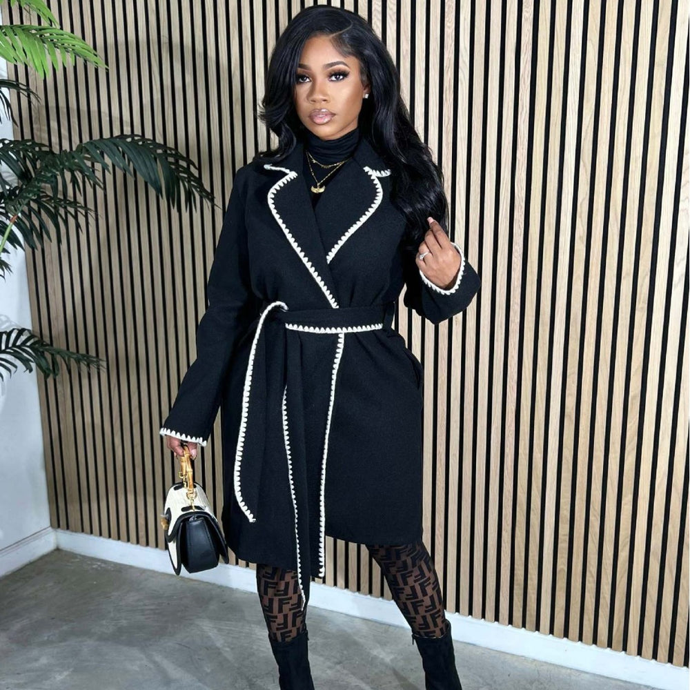 spring european women's wool blend long sleeve knit turn-down collar long coat loose trench coat outerwear