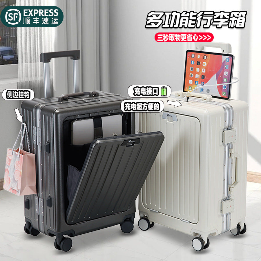 20-Inch aluminum frame front open suitcase women's small, lightweight and multi-functional charging travel trolley case password box