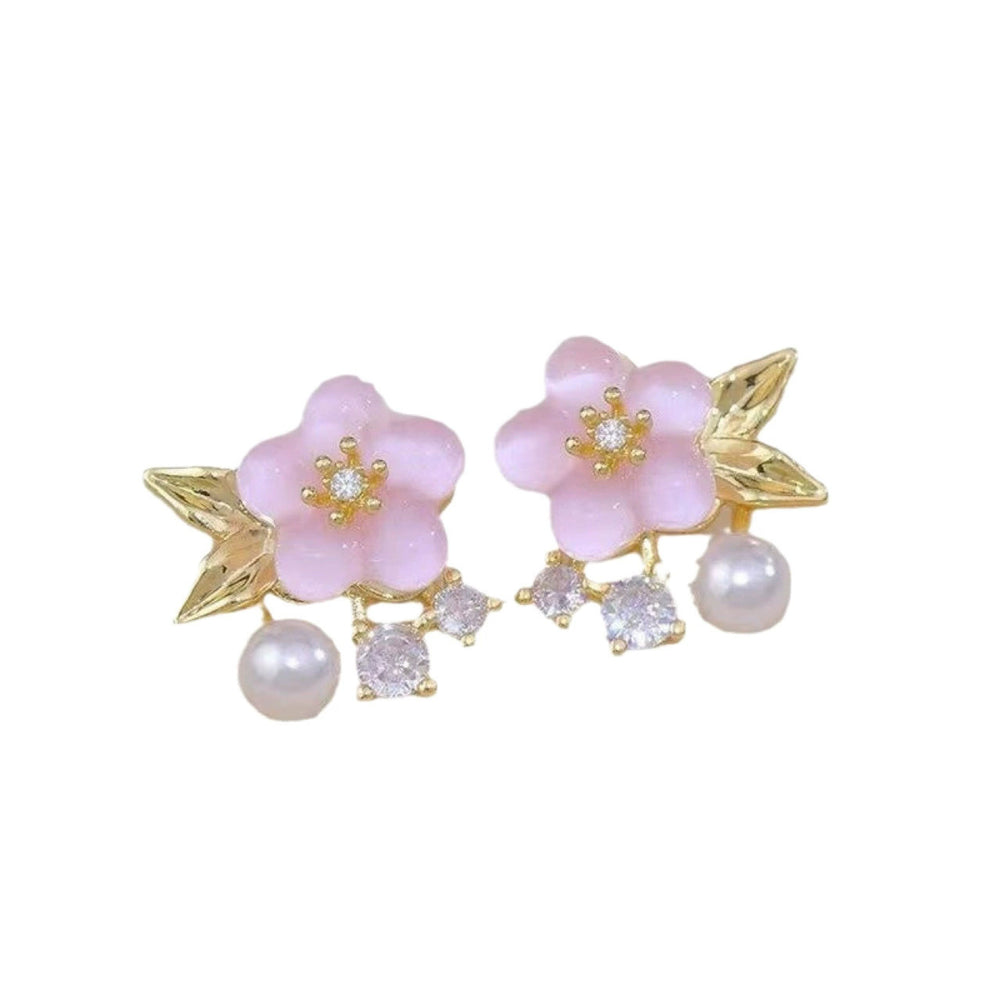 Sakura pink jelly flower sense of design small fresh pearl artsy daily earrings fairy fashionable popular earrings
