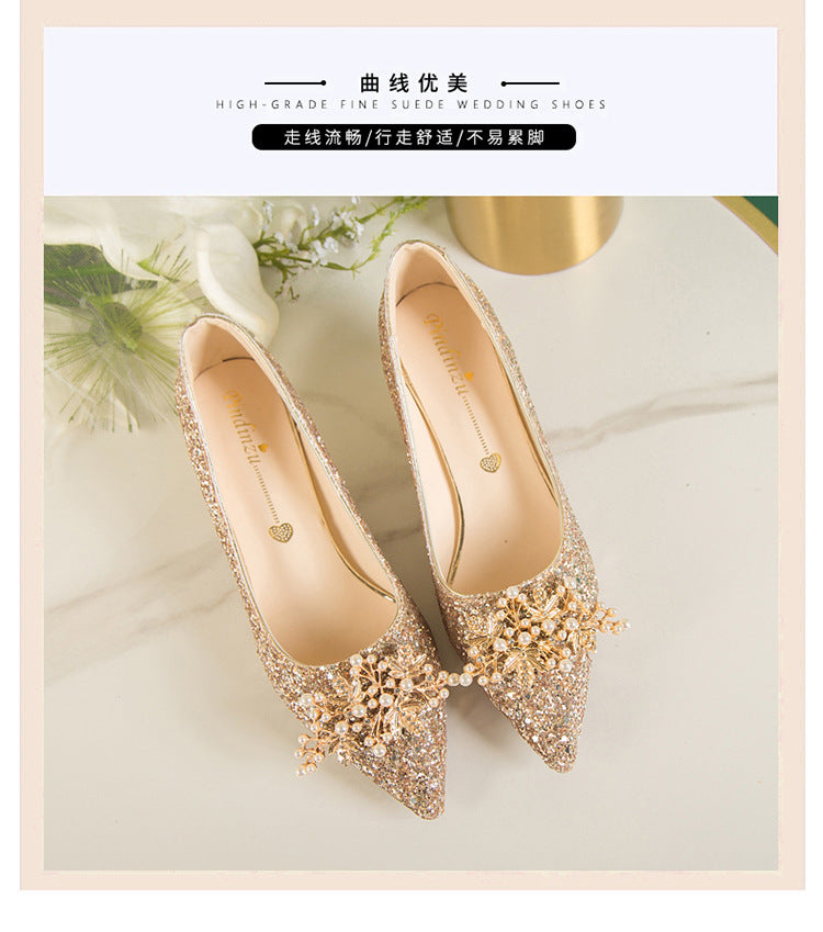 Crystal wedding shoes for women 2023 new arrival gold xiuhe main wedding dress two-wear bridesmaid high heels bridal shoes not tired feet