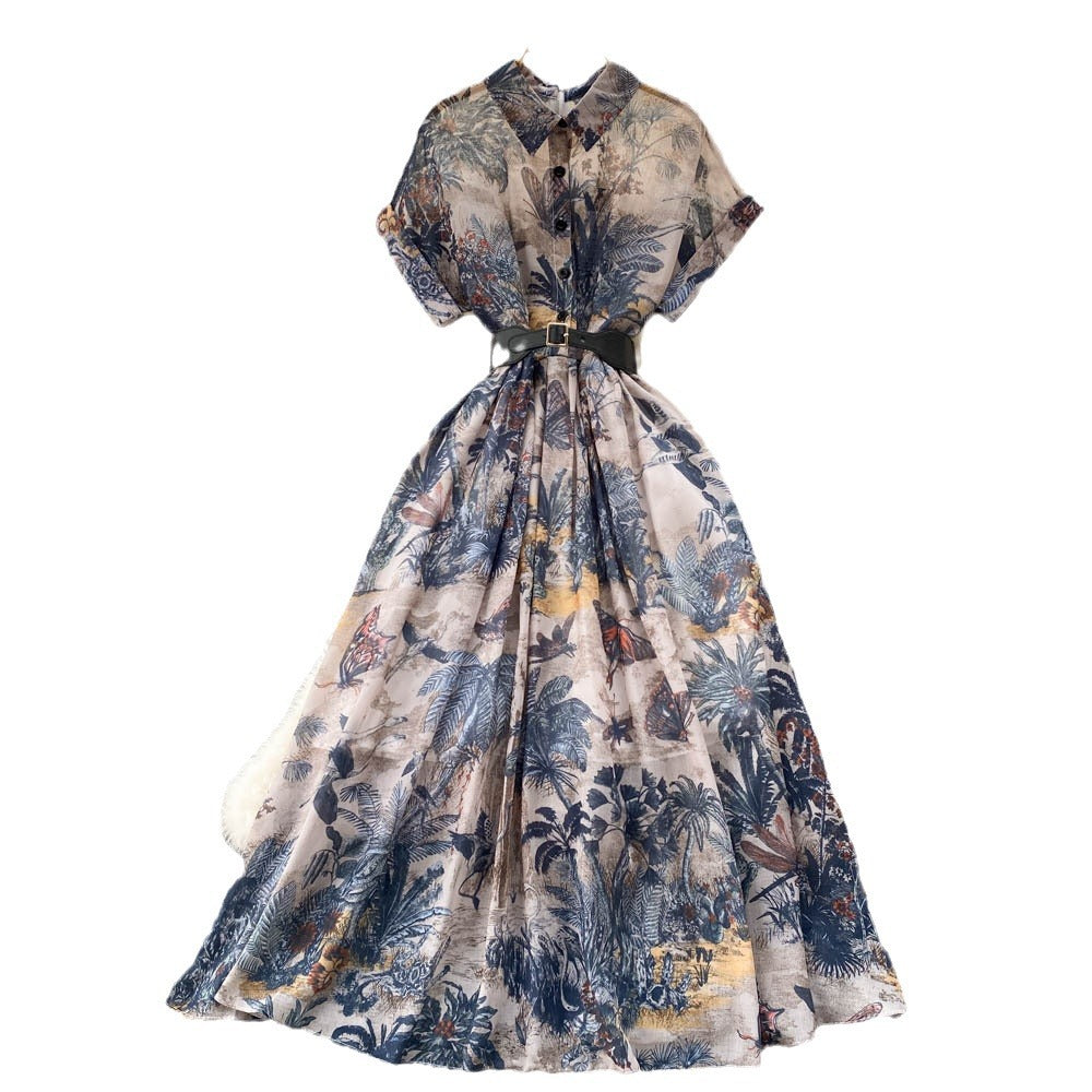 Palace style frenchniche styleeleganteleganceprintingdress women's summernew arrival waist slimming look gentle style long skirt