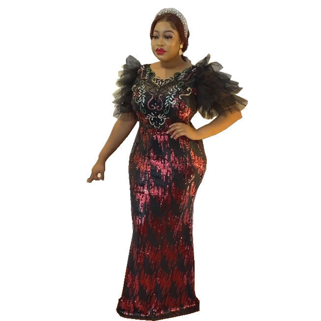 supply elastic sequin short-sleeved mermaid dress long skirt evening dress fashion african fashion women's clothing special price