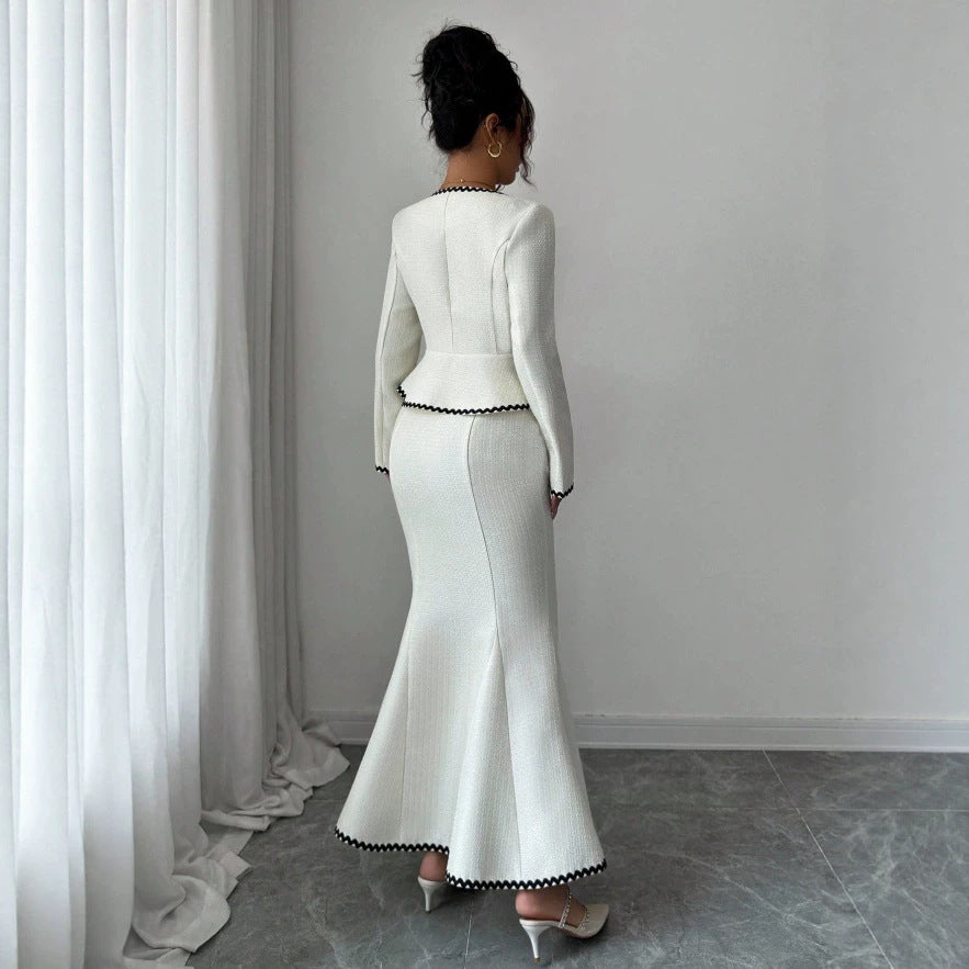 european and american new arrival: white and black color block chanel-inspired two-piece set - square neck cropped jacket with high-waisted bodycon fishtail skirt