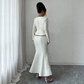 european and american new arrival: white and black color block chanel-inspired two-piece set - square neck cropped jacket with high-waisted bodycon fishtail skirt