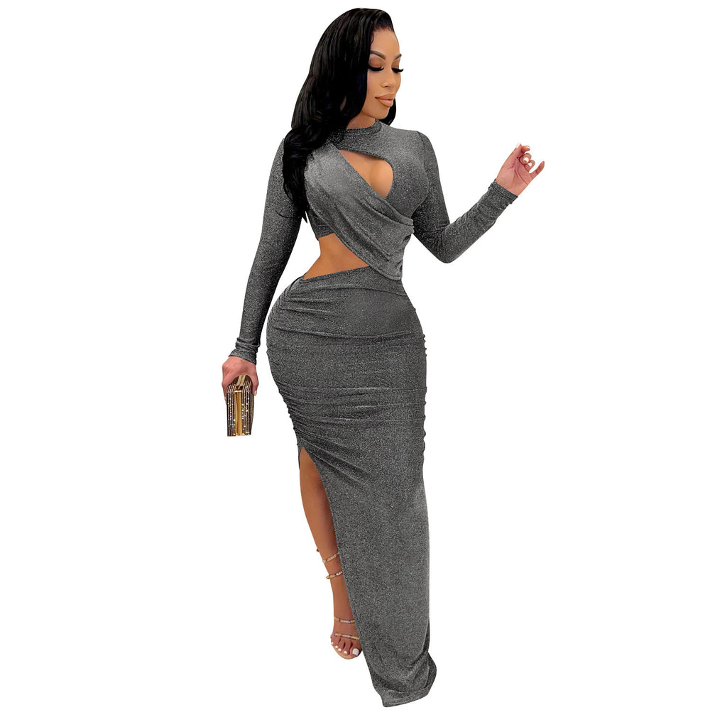 C5550 summer new european and american  cross-border fashion long sleeve sexy hollow-out slit maxi dress for women