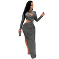 C5550 summer new european and american  cross-border fashion long sleeve sexy hollow-out slit maxi dress for women