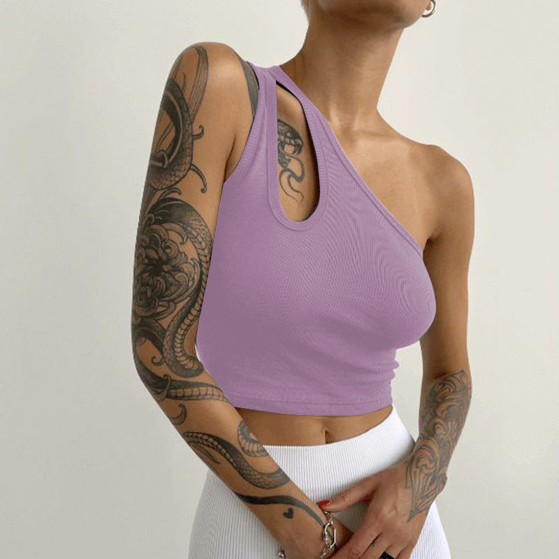 Slant shoulder slim-fitting short open-button Spice Girls small vest for women 2025 summer European and American  new hollow sleeveless top