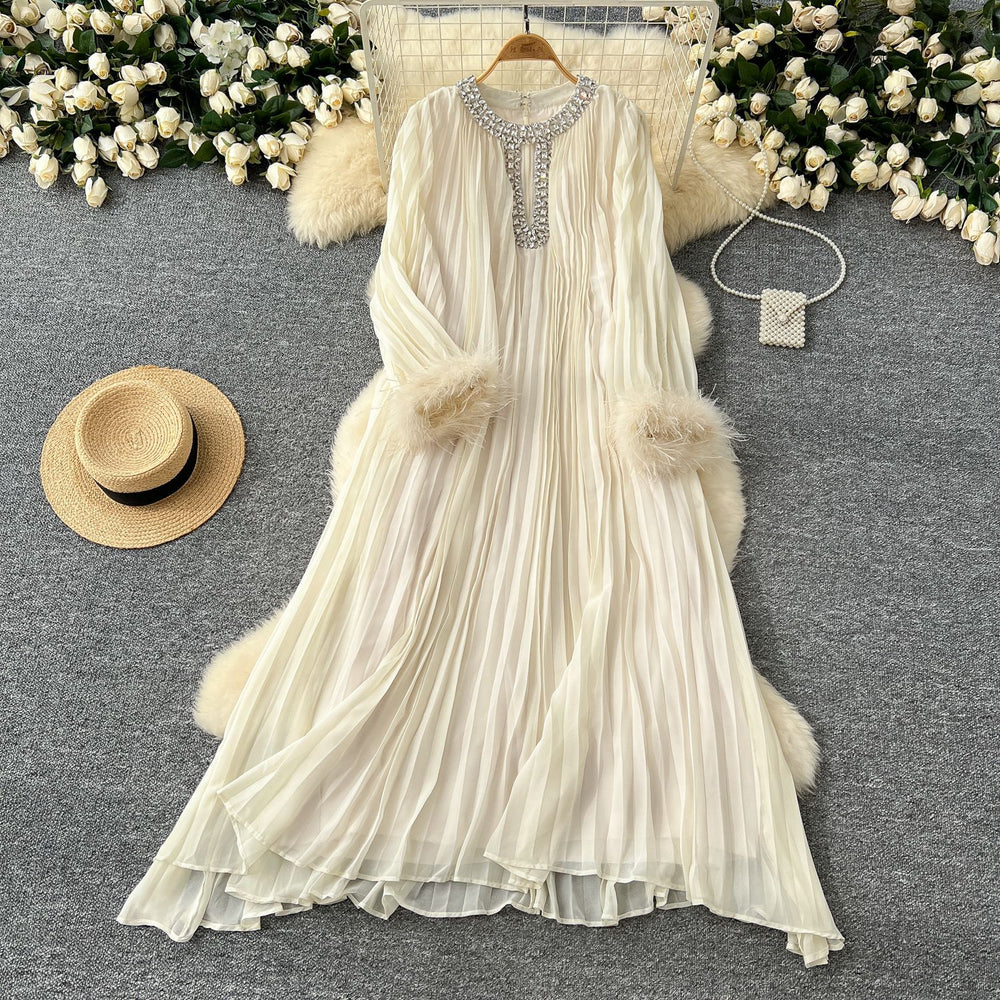 European and american cross-border  autumn new arrival: elegant solid color dress - round neck, rhinestone embellished, loose fit, faux fur trim, pleated maxi dress
