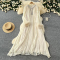 European and american cross-border  autumn new arrival: elegant solid color dress - round neck, rhinestone embellished, loose fit, faux fur trim, pleated maxi dress