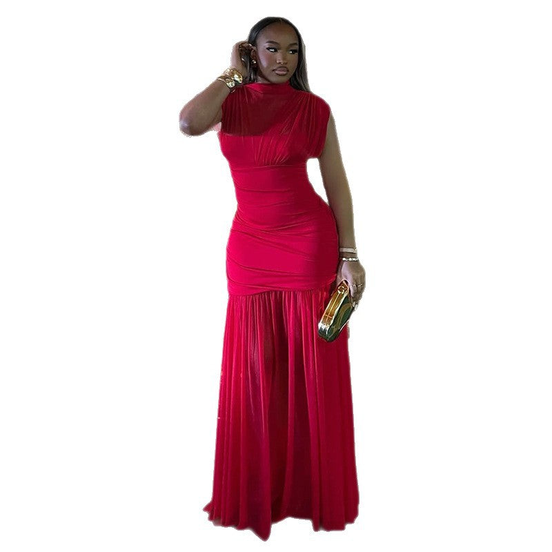 European and american style cross-border chic slim-fit women's solid color patchwork bodycon sleeveless high neck pleated workwear maxi dress