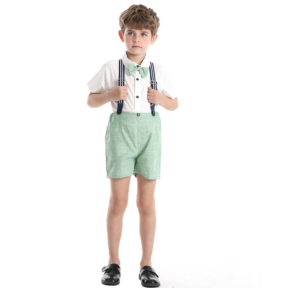 Summer kids' new european and american gentleman short-sleeve shirt set, children's suspender shorts two-piece outfit, first birthday dress