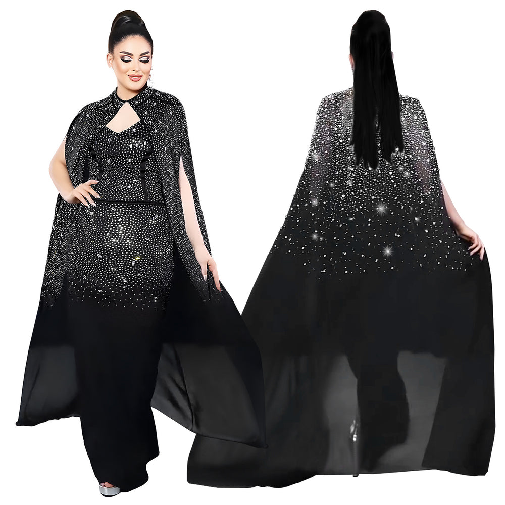 C7292 cross-border   fashion women's sexy rhinestone bodycon sheer cape dress