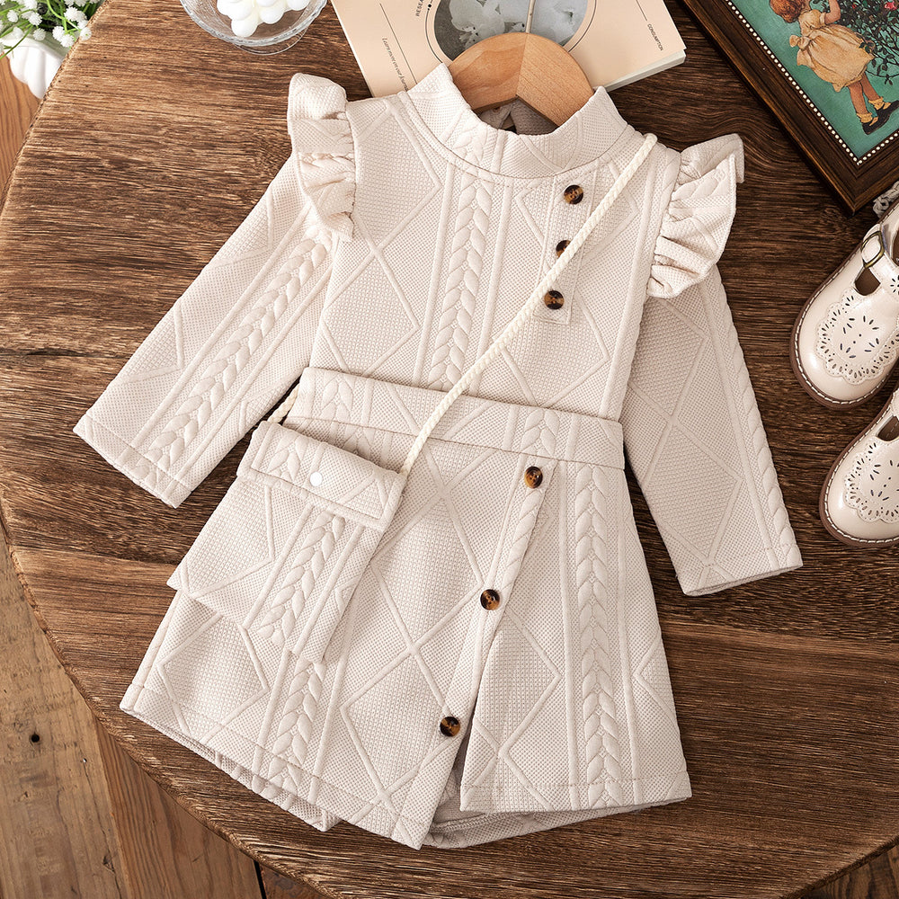 autumn new arrival: textured knit flutter sleeve top and asymmetrical skirt-pant two-piece set with matching bag