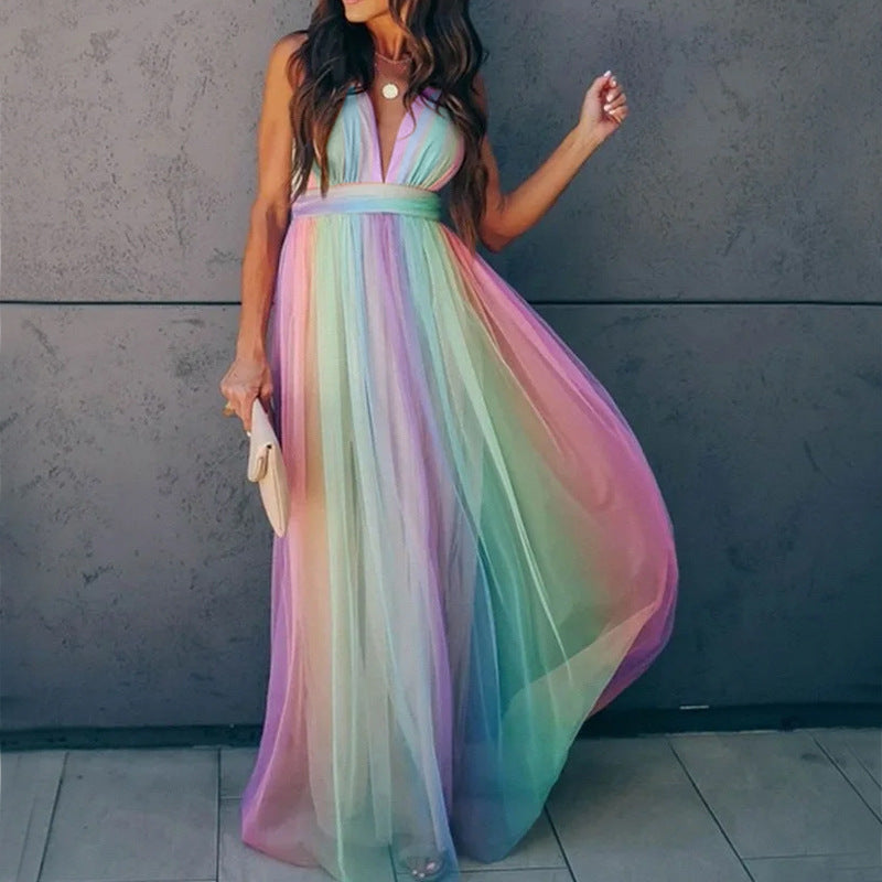 2025 new spring/summer cross-border fashion women's long dress - sexy deep v rainbow mesh suspender dress