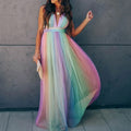 2025 new spring/summer cross-border fashion women's long dress - sexy deep v rainbow mesh suspender dress