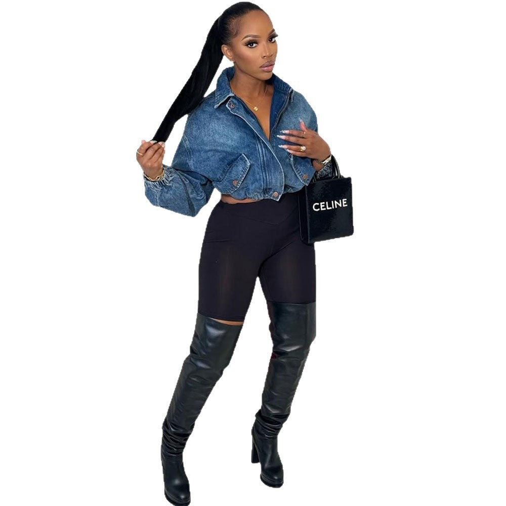 European and american style women's denim jacket - new  cross-border women's fashion - washed, turn-down collar, drawstring, long sleeve, short zip-up jacket
