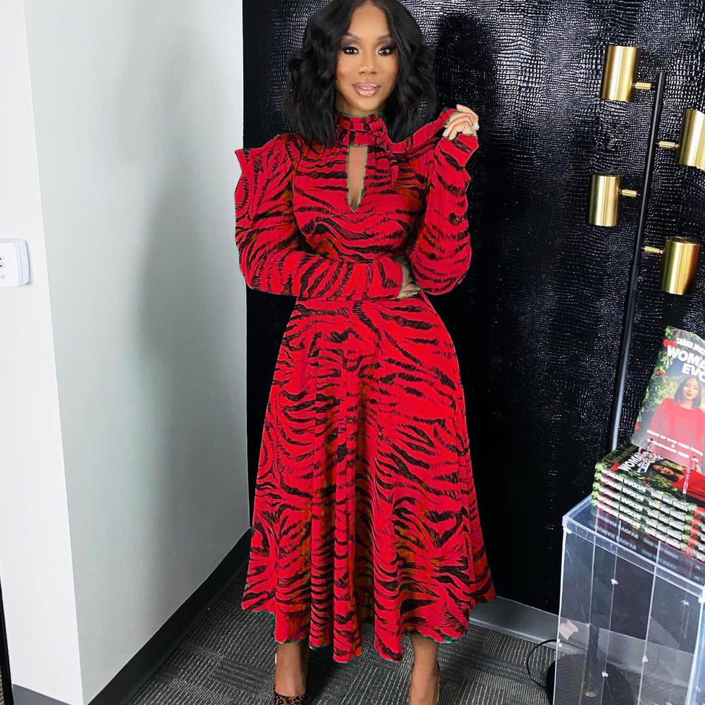 D3065m european and american style women's autumn/winter elegant commute long sleeve high waist flared print plus size african dress (cross-border)