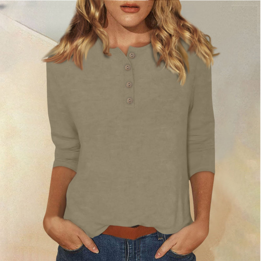 cross-border  women's fashion casual three-quarter sleeve solid color button-down crew neck t-shirt top