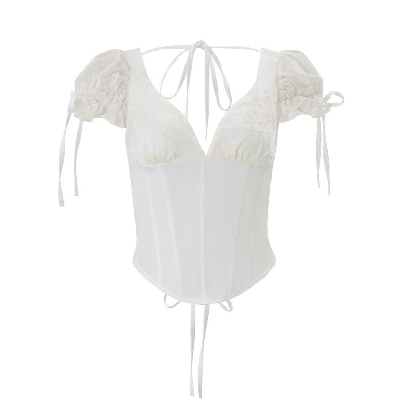 European and american style women's summer  new arrival: v-neck push-up bandeau tie-up bubble sleeve asymmetrical slim-fit t-shirt top