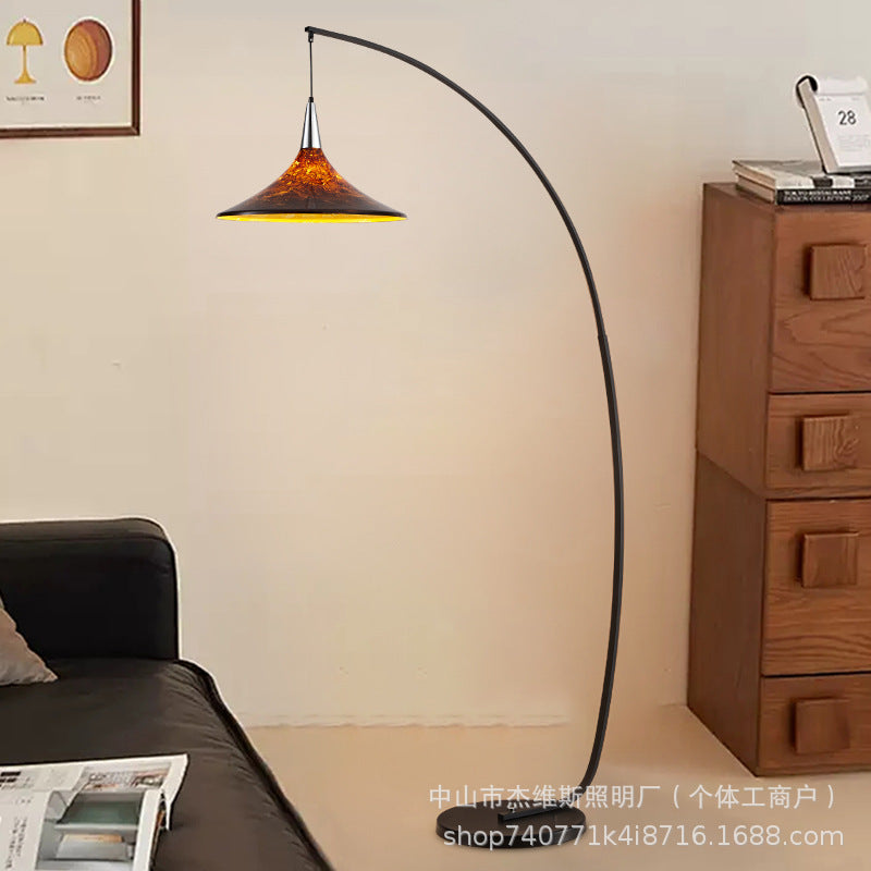Black curved fishing floor lamp caramel gradient tapered handmade glass sofa wabi-sabi cream style living room study