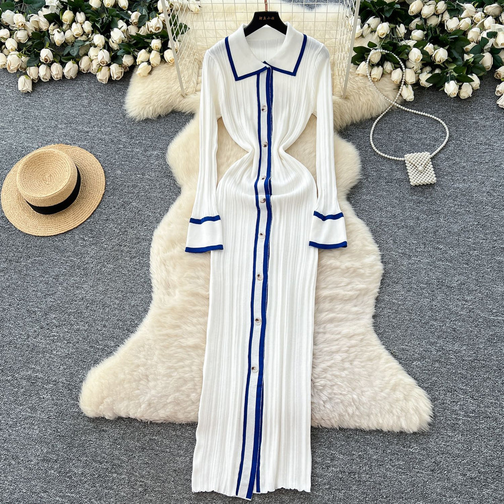 Classysense niche stylecontrast colorpolo collar bell sleeves single breasted silmslimming lookknittingdress women's bottom long skirt